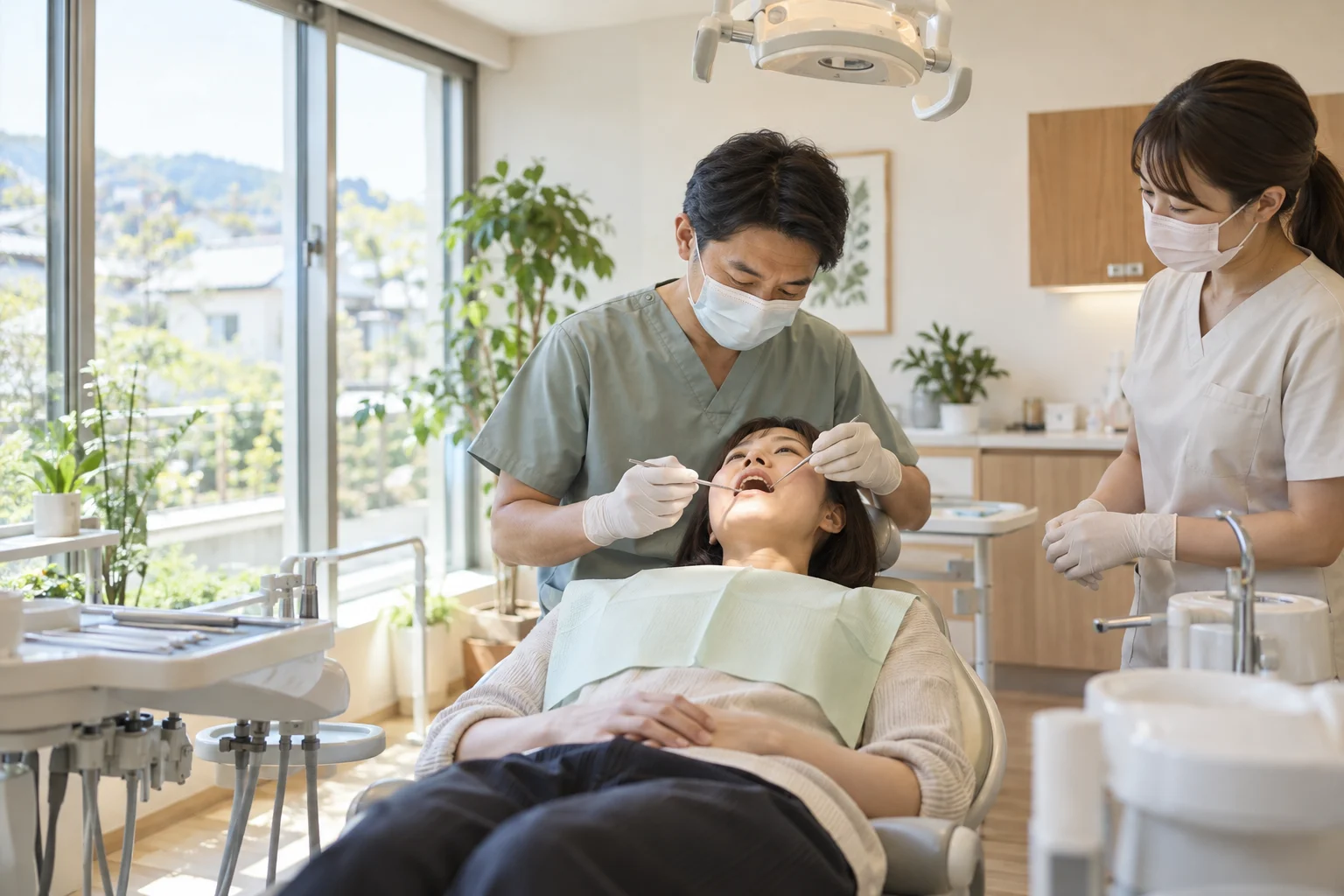 自然光が入る診察室で患者さんを診療する様子（生成イメージ）